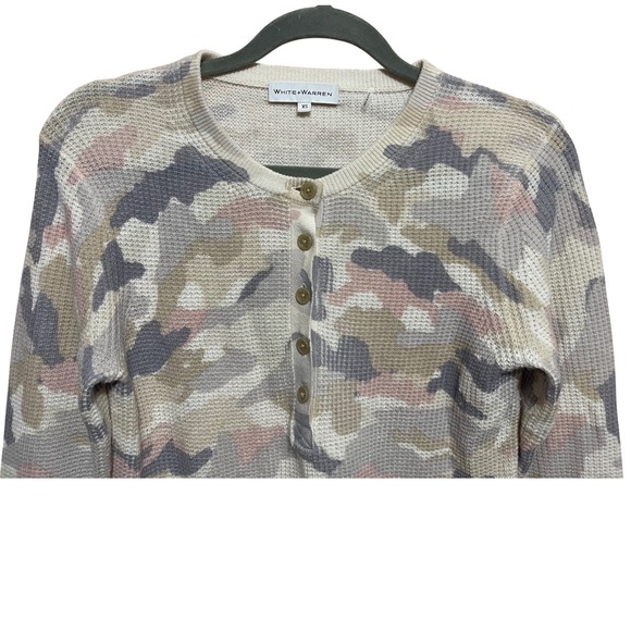 WHITE+WARREN Pure Cashmere Camo Henley Waffle Knit‎ Sweater XS - Picture 3 of 6